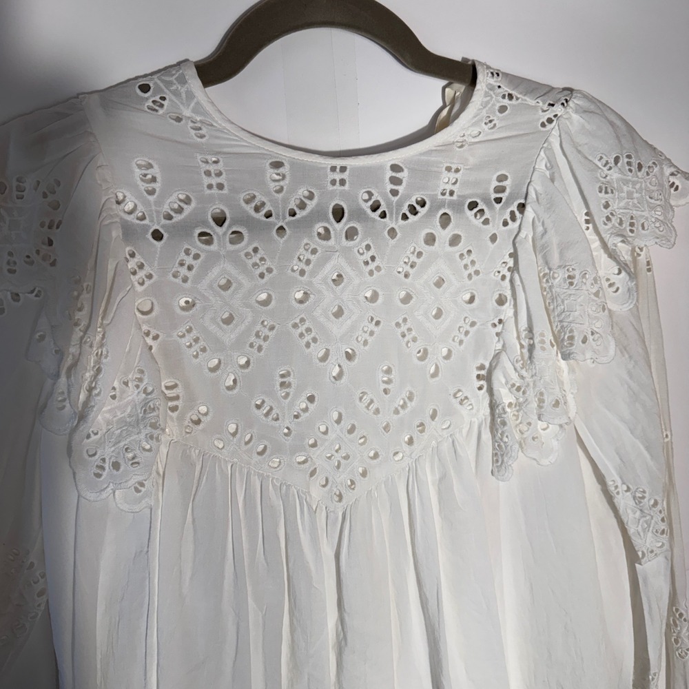 HM Eyelet Ruffle Blouse Womens‎ Size 2 White Long Sleeve Cotton Boho Cottagecore - Picture 5 of 12